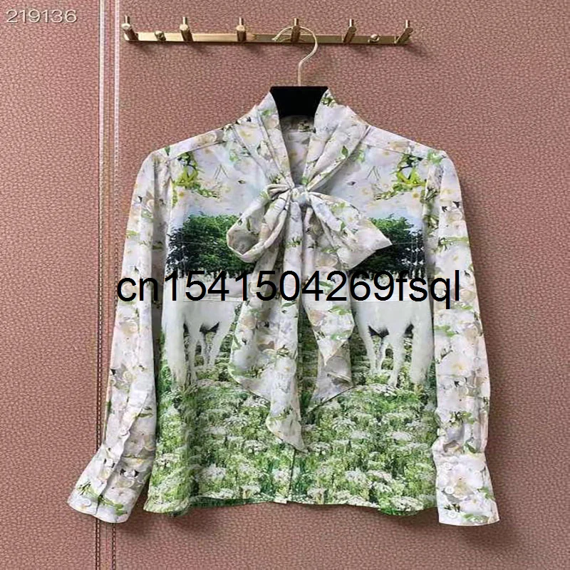 

2021 Summer Fashion Runway Silk Flower Print Blouse Shirt Women's Elegant Bow Collar Long Sleeves Single Breasted Blouses