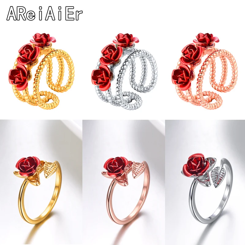 Женское кольцо с красной розой и листьями Открытое изменяемым размером подарок