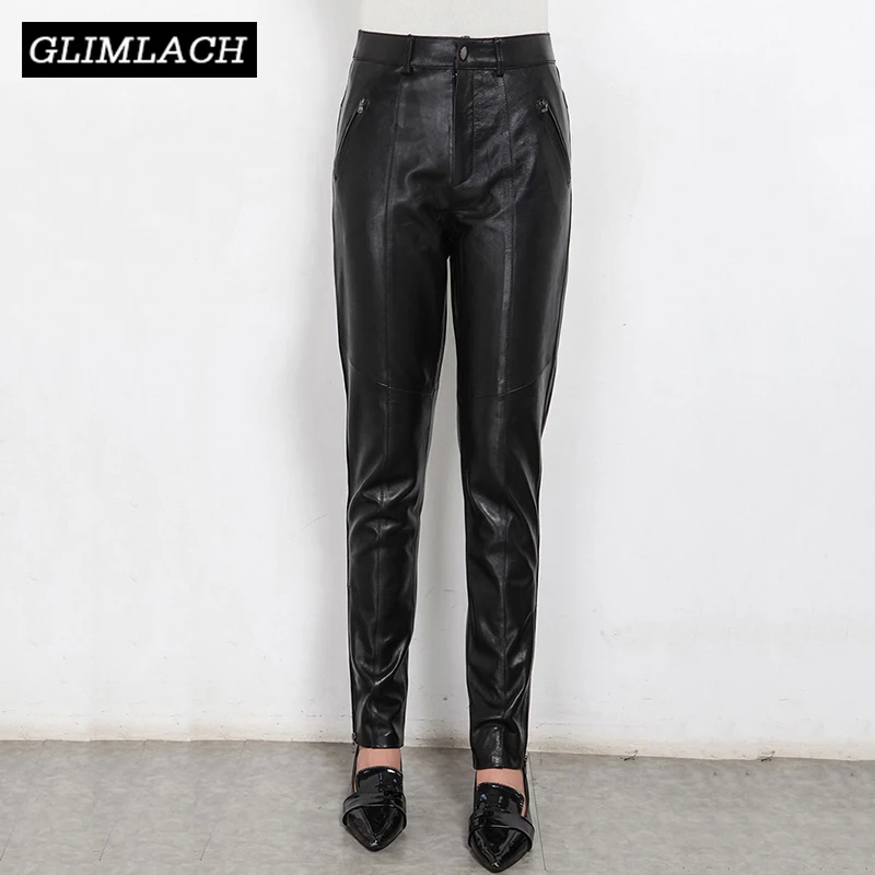 

2019 Autumn Winter Women Genuine Leather Trousers Ladies Slim Sheepskin Real Leather Pencil Pants Black Sexy High Waist Pants