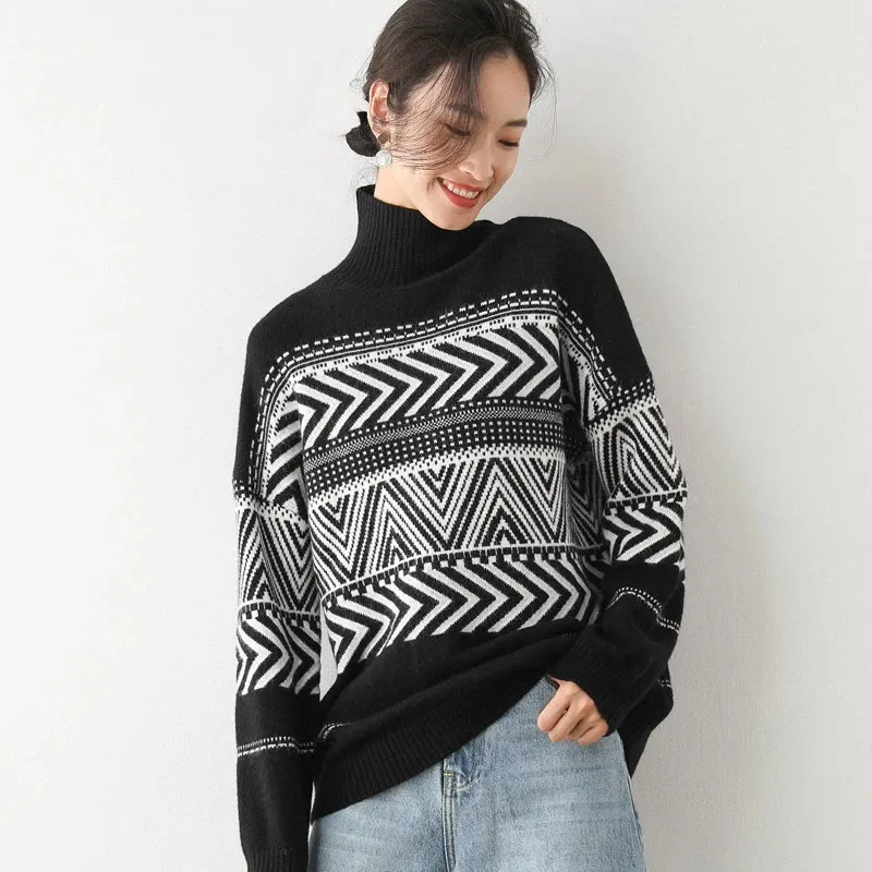 

Fall Winter Geometric Jacquard Turtleneck Sweater 30% Wool Drop Shoulder Christmas Loose Knit Jumper Multi Occasions Top