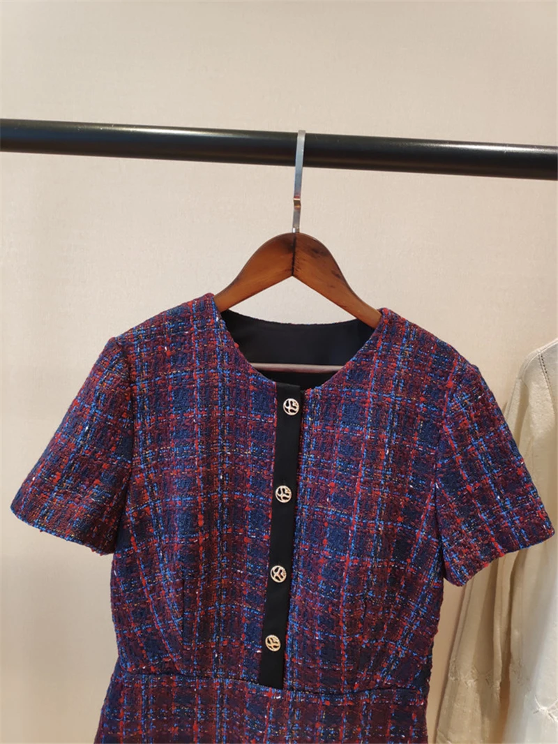 

Autumn elegant woven pocket dress short sleeve round neck vintage slim casual office women clothes dress