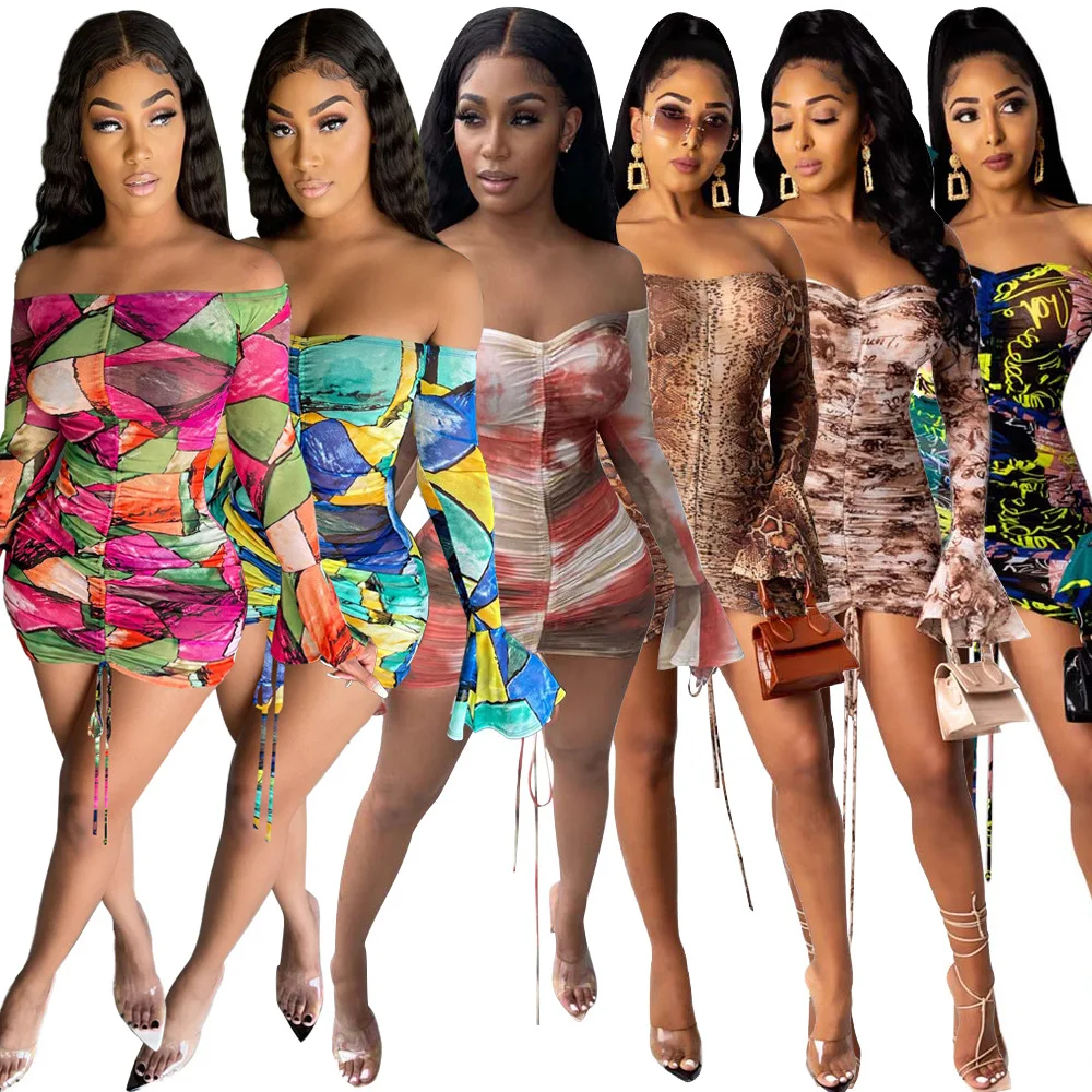 

Somoshein S-2xl New Drawstring Print Women Dress Flare Sleeve Off Shoulder Sexy Dresses For Women Usual Wholesale Dropshopping