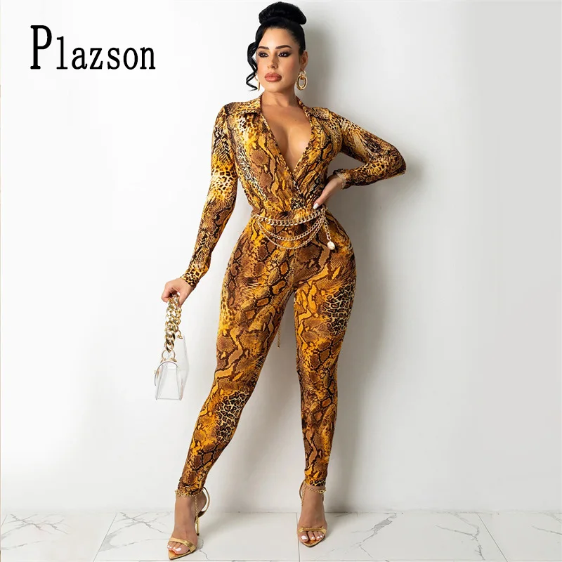 

Plazson Animal Print Bodycon Outfit Autumn Sexy Deep V Neck Lapel Long Sleeve Top And High Waist Legging Fashion Two Piece Set