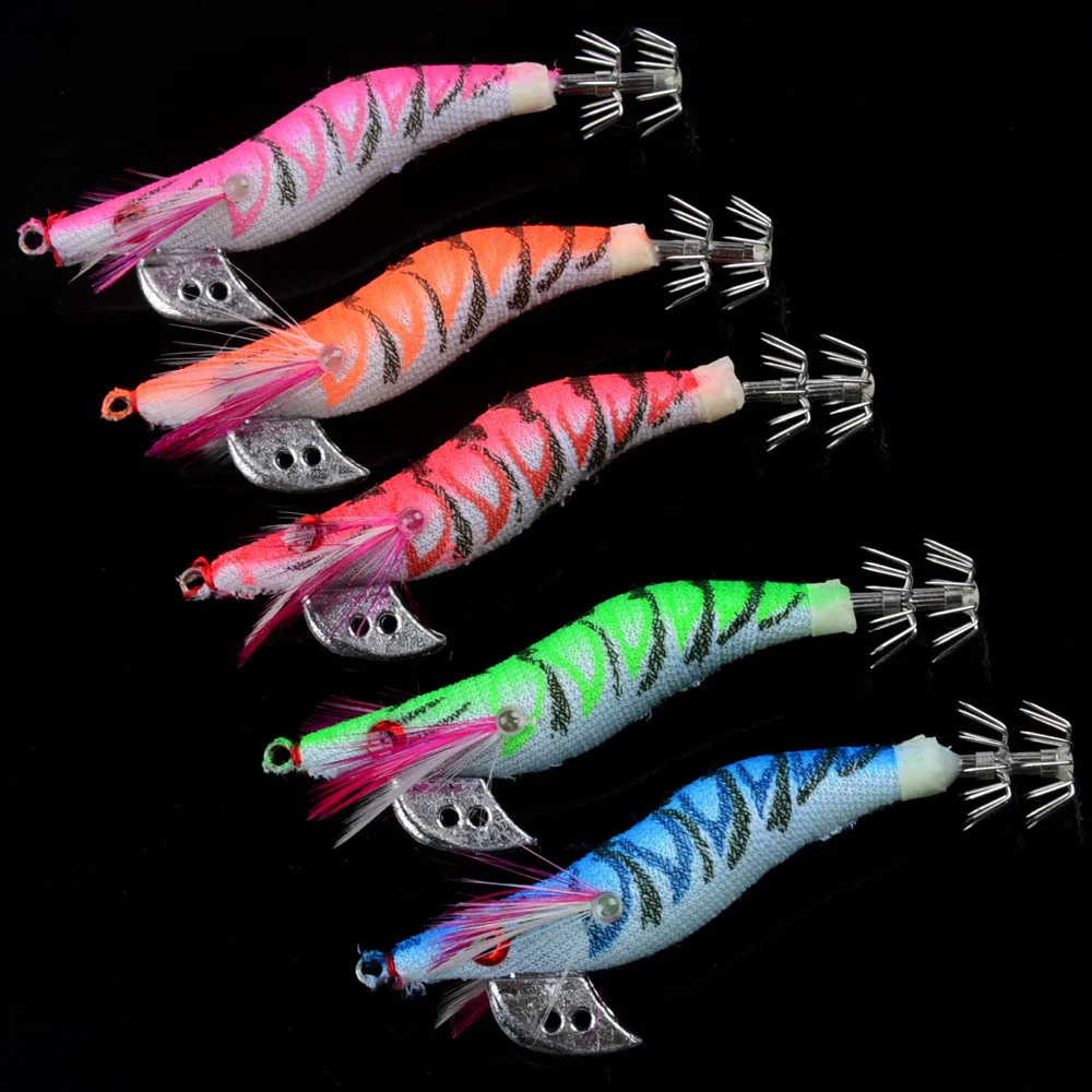 5Pcs 7.2g 8cm 5 Colors Squid Bait Wooden Shrimp Jig Hook Fishing Octopus Lures Cuttlefish Artificial Jigging Lure with Bag