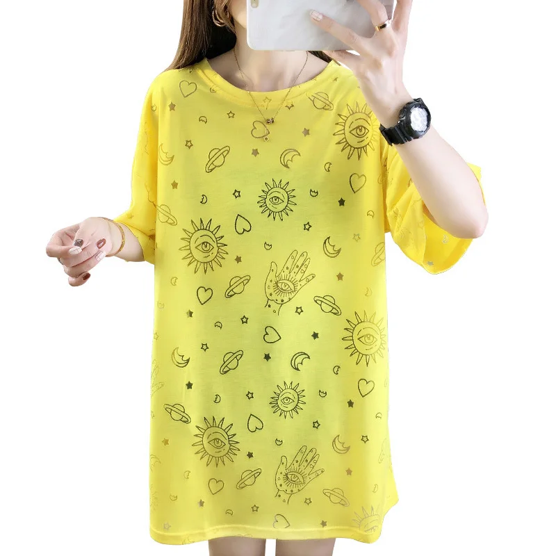 

Cotton T-shirt 2021 Summer Mid-length Loose Short-sleeved Printing All-match Comfortable Street Wn*