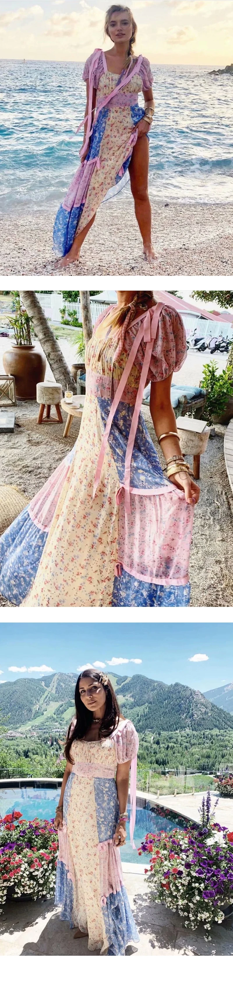 Boho loveshack/летнее платье с квадратным вырезом и оборками, тонкое шелковое платье с высокой талией, праздничное платье для блогеров в стиле пэчворк