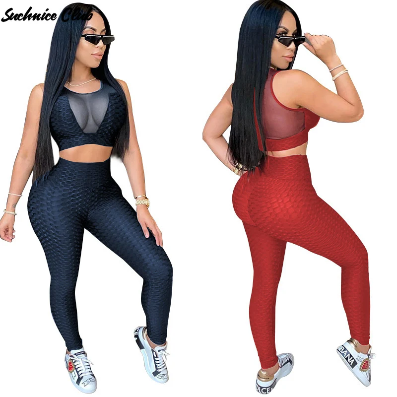 

Sexy Perspective Sleeveless Sports Suit Solid Color Round Neck Tank Top and Tight Trousers Two-piece Sets Woman Sport Outfit