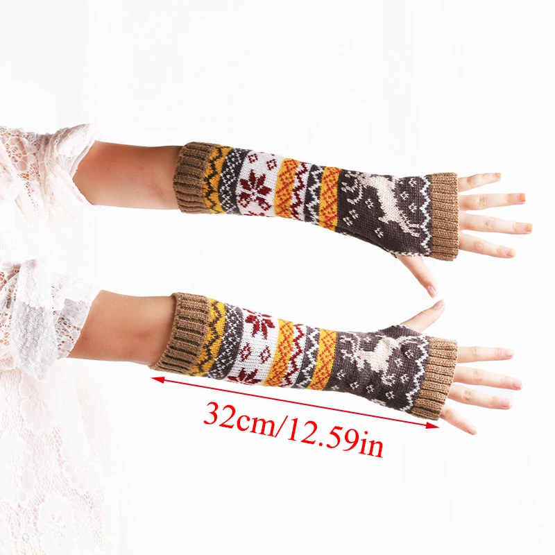 Женские зимние перчатки без пальцев вязаные рукавицы длинные с принтом из