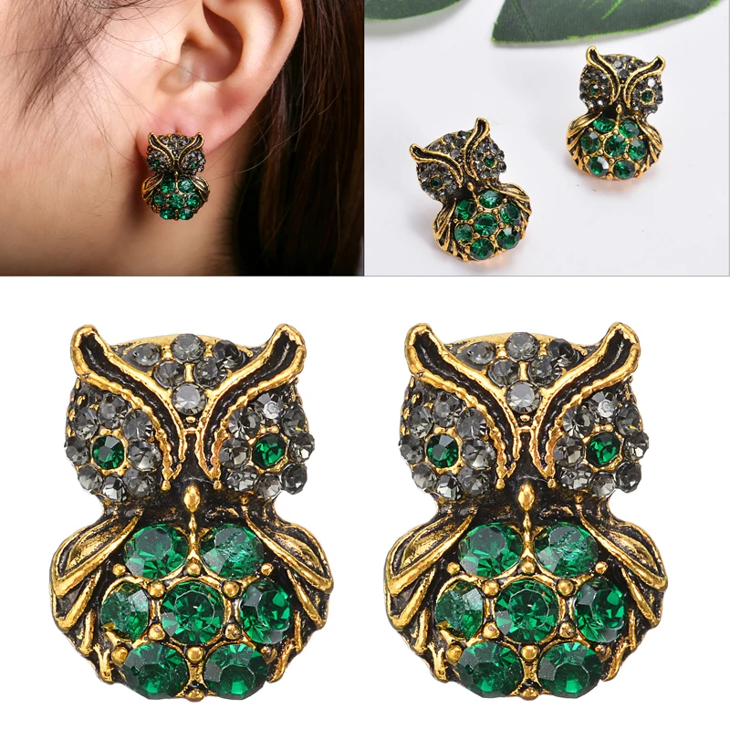 Винтажные серьги гвоздики с зелеными кристаллами в виде совы для женщин Золотые