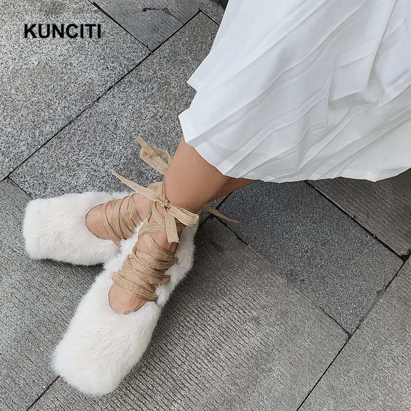 Коллекция года; балетки на меху; обувь на плоской подошве со шнуровкой и кроличьим мехом; женская зимняя повседневная обувь с квадратным носком; модный дизайн; цвет белый, серый; F9152