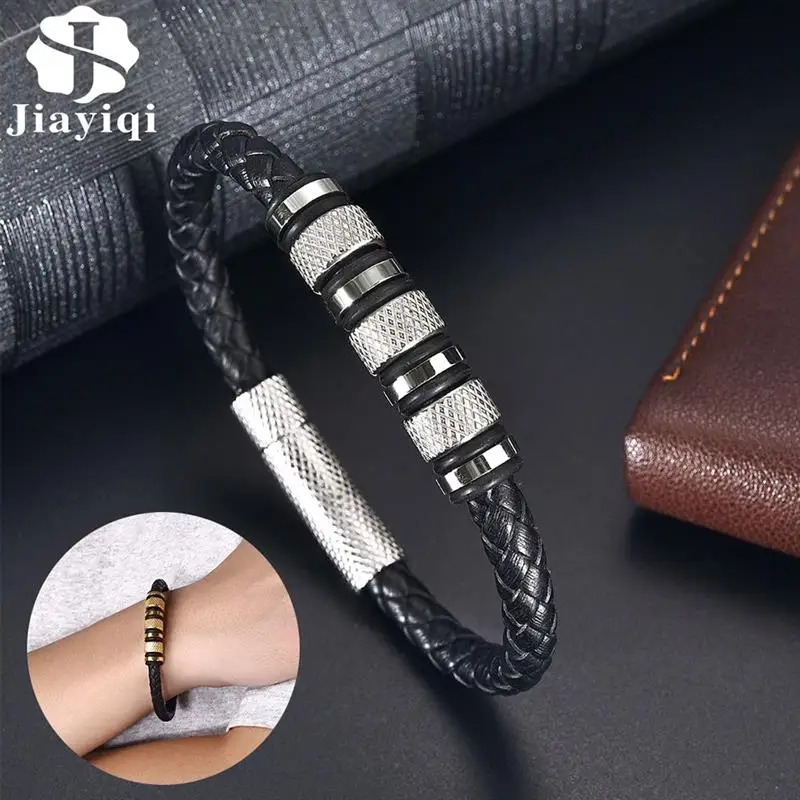 

JIAYIQI New Style Male Bracelet with Stainless Steel Beads Punk Braided Leather Bracelets Jewelry for Men 2021 Surprise Gift