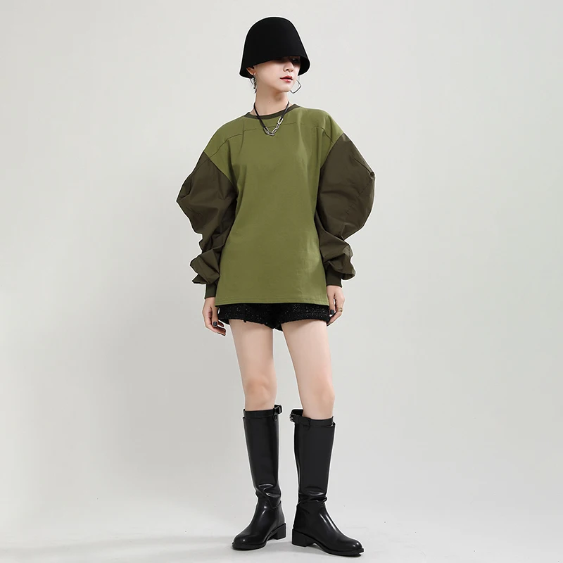 

CHICEVER Casual Patchwork Sweatshirt For Women O Neck Long Puff Sleeve Hit Color Loose Oversized Sweatshirts Female Fashion Tide