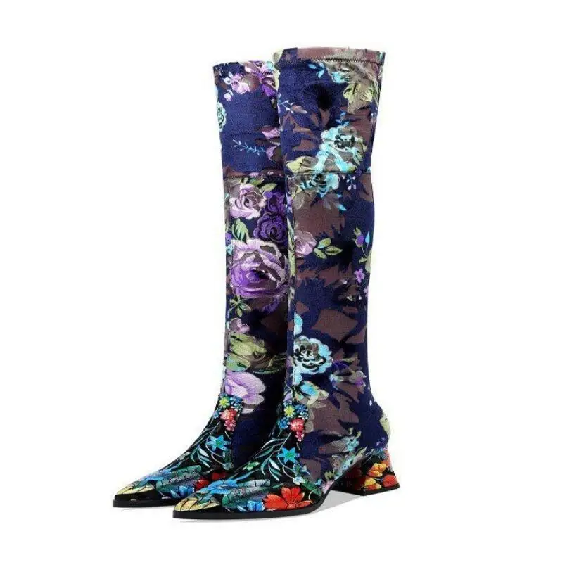 

Genuine Leather Sheepskin High Boots Women Boots Printing Thick Heels Woman Pointed toe Elastic Boot Over The Knee Blue Yellow