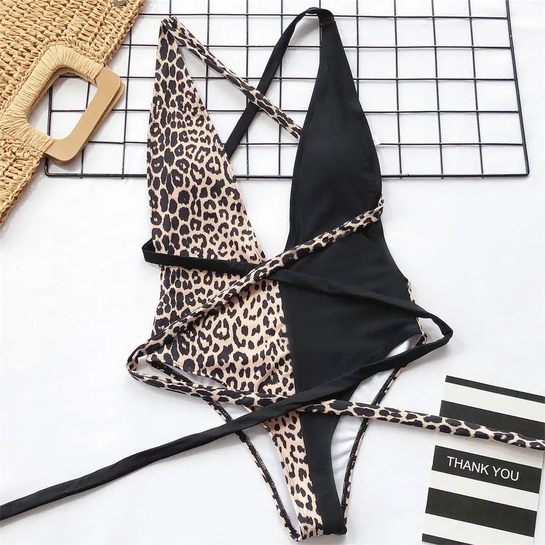 Leopard Black Купальный костюм с глубоким v-образным вырезом вокруг шеи, женский купальный костюм, женская одежда для плавания, Леопардовый купальный костюм с высоким вырезом, купальник Монокини V742 - Цвет: Leopard Black