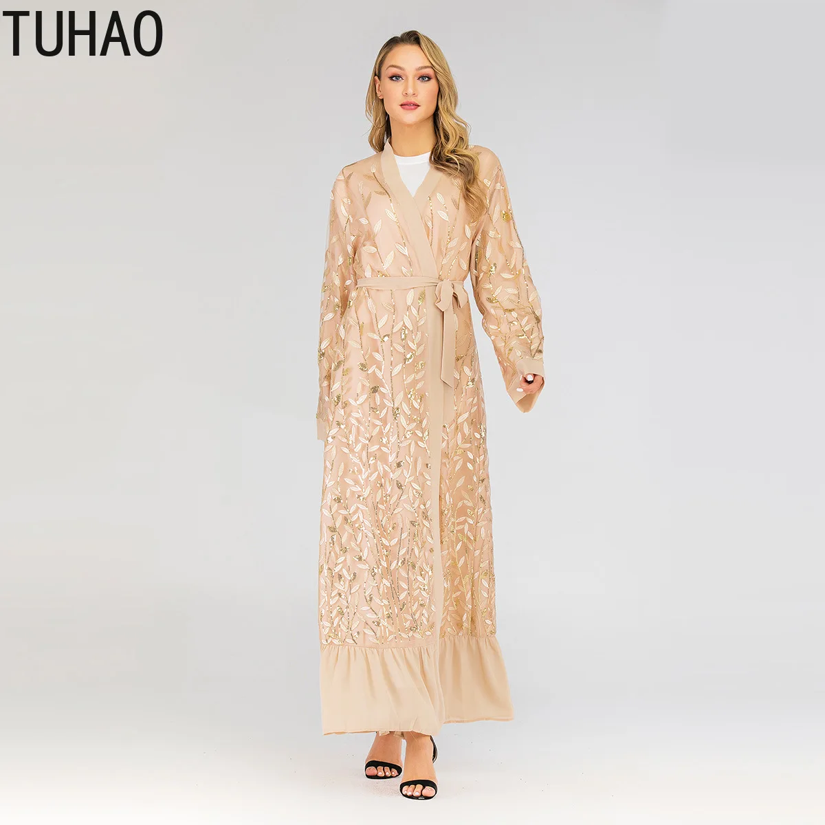 Middle Eastern Lace Cardigan Long Coat Woman Sequined Leaf Embroidery Muslim Robes Windbreaker Fashion Maxi Trench T1711 | Женская