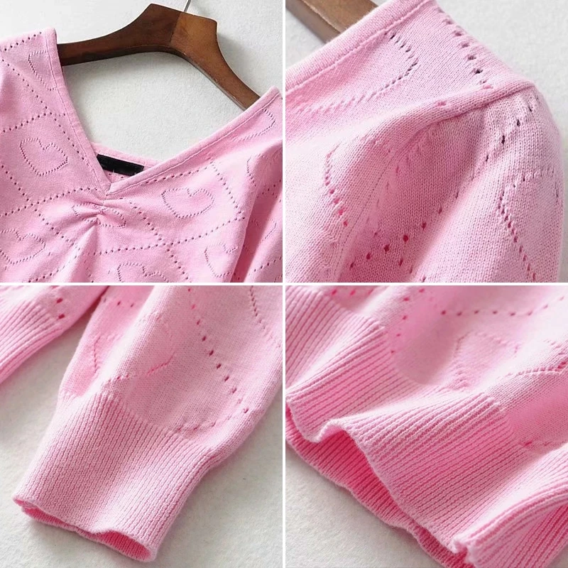 

Style Sweaters for Women Jumper Love Heart Pink V-neck Pullovers Mujer Invierno