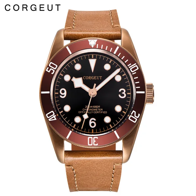 corgeut 1 41 мм Corgeut автоматические механические часы коричневый циферблат Бронзовый чехол светящиеся знаки сапфировое стекло автоматические водонепроницаемые мужские часы - Цвет: corgeut 1