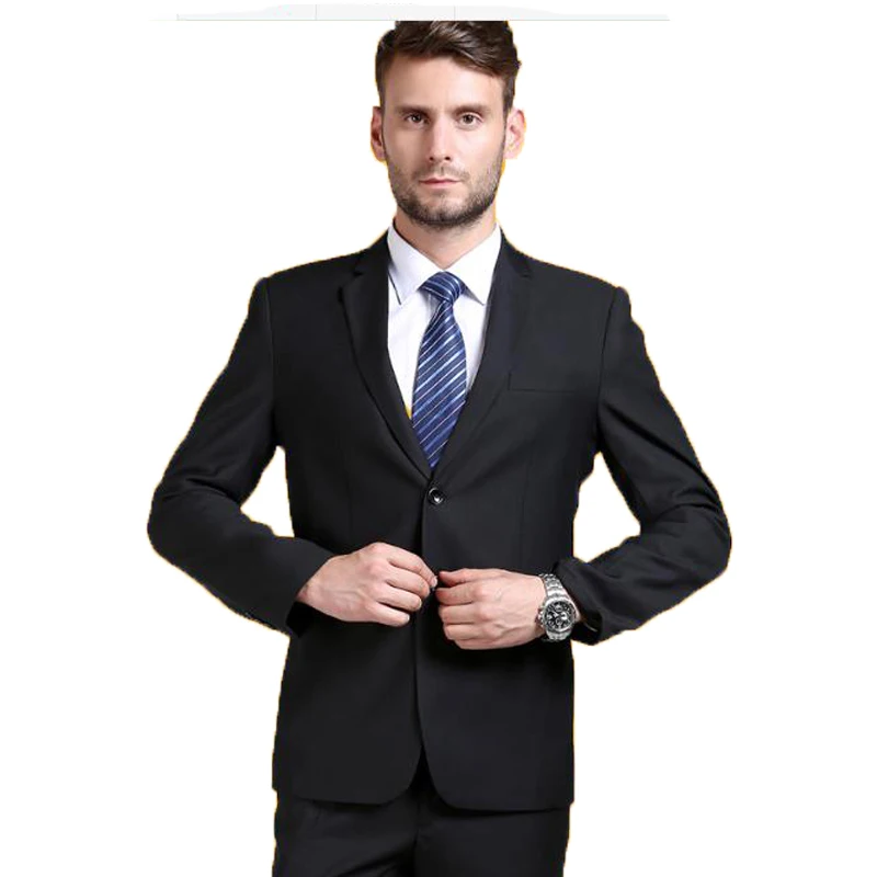 Мужской офисный пиджак и брюки черный повседневный облегающий костюм из двух