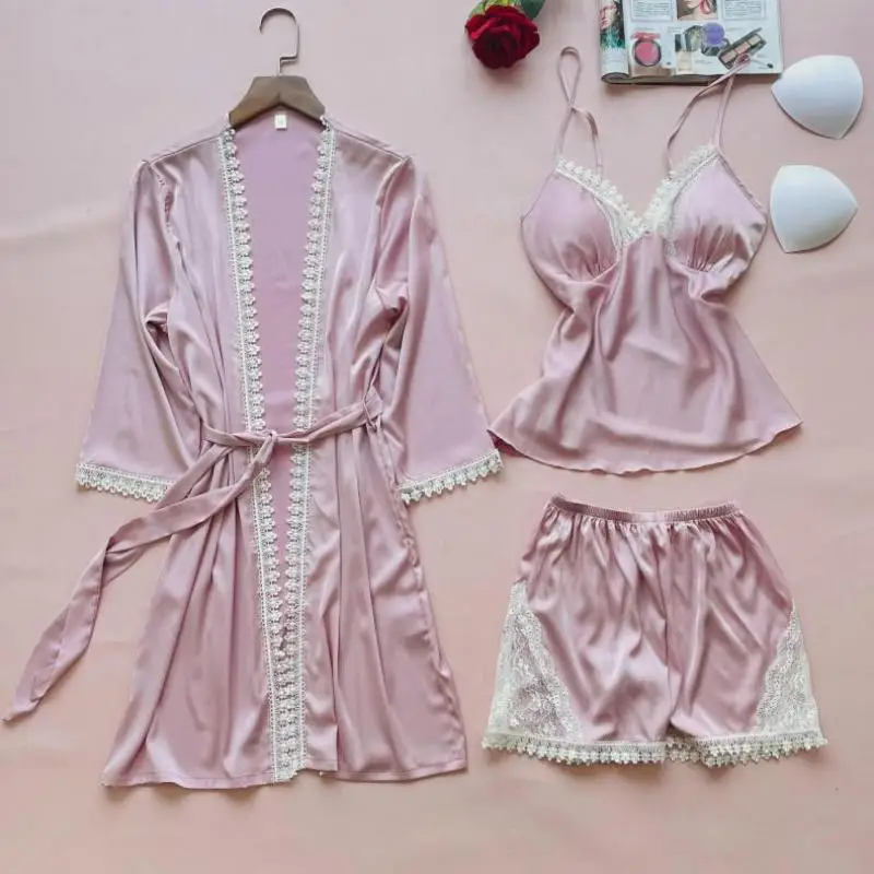 

Women Pajamas Set Sexy Patchwork Hollow Out Lace Trim Loungewear Spring Summer Sleepwear Thin Soft Faux Silk Pyjama Pour Femme