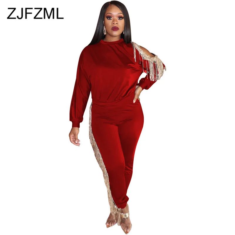 Женский костюм из двух предметов с бахромой толстовка открытыми плечами и