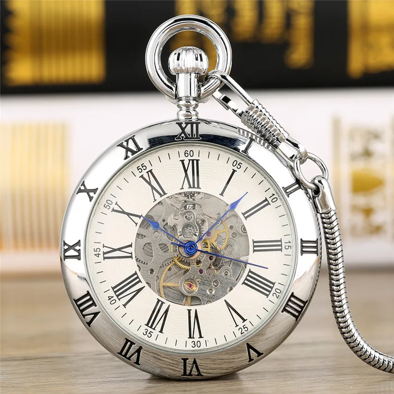 Часы наручные механические для мужчин и женщин, автоматические карманные с римскими цифрами, на цепочке, с подвеской, с циферблатом, подарок