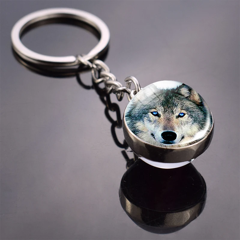 Glow in Dark Jewelry Howling Wolf Keychain Wolf Luminous Glass Cabochon Pendant Keyring Double Side Glass Ball Keychain