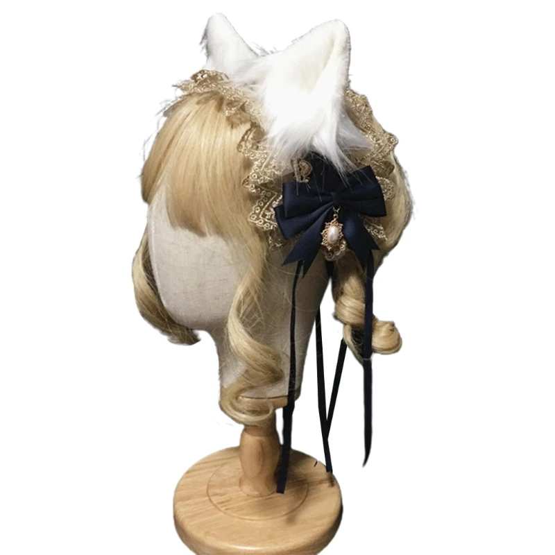

Japanese Lolita Maid Golden Lace Headband Ribbon Bow Plush Kitten Ears Hairband Anime Gothic Cosplay Party Headdress
