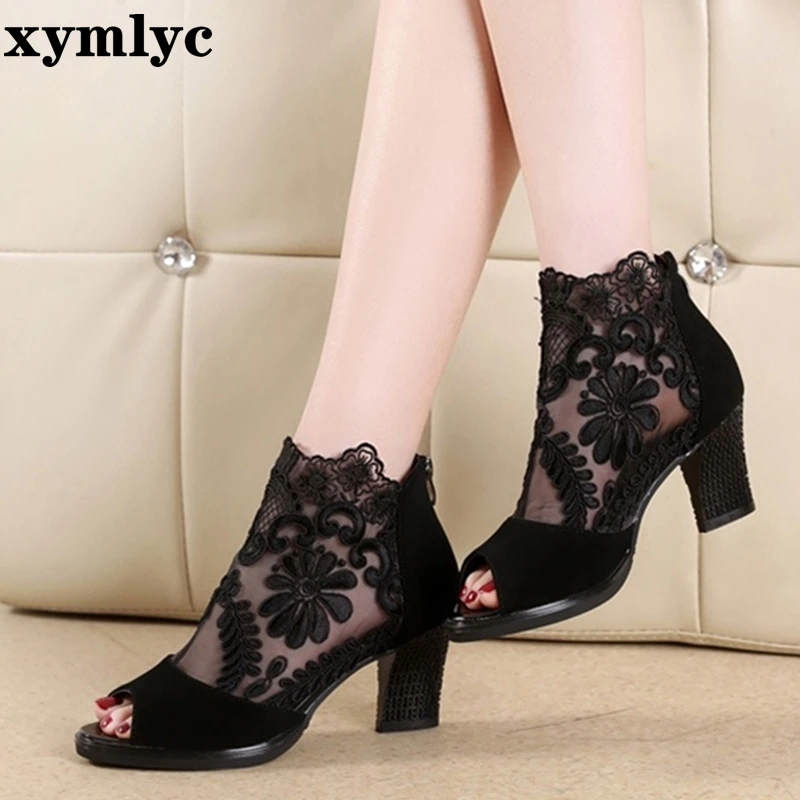 Летние сетчатые сандалии с открытым носком пикантные тонкие туфли на каблуке