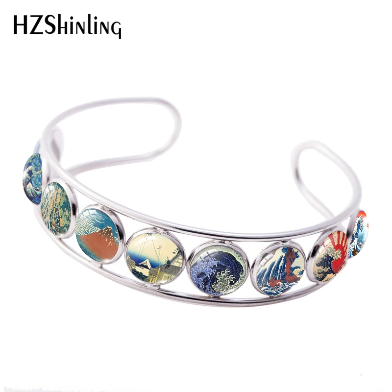 

Новинка 2021, Браслет-манжета Kanagawa с большой волной, искусство, живопись, искусство, фото, ювелирные изделия ручной работы