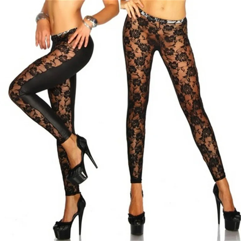 

Womens Black Rose Vine Sheer Stretchy Floral Lace Leggings Tight Pencil Pants