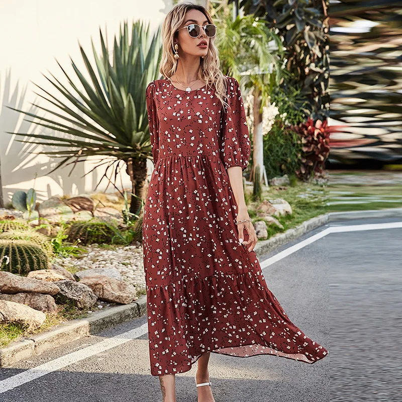 

2021 Europe and The United States Spring and Summer Round-neck Fashion 100-print Mid-sleeve Long Skirt Big Chiffon Women's Skirt