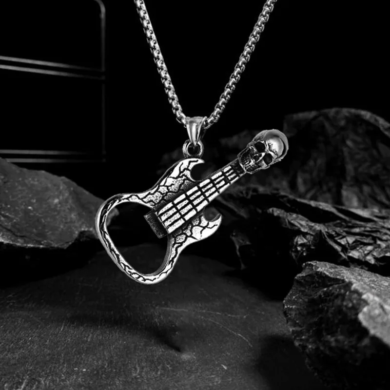 

European And American New Personalized Retro Titanium Steel Alloy Skeleton Guitar Bottle Opener Pendant Necklace For Men