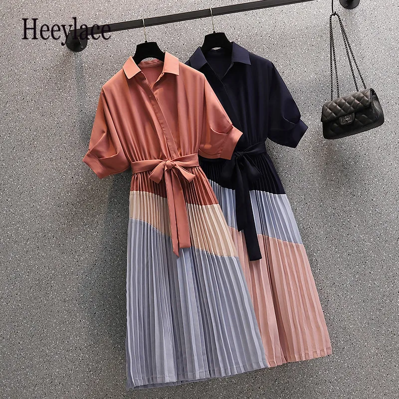 

Размера плюс женские офисные элегантные плиссированные летние платья с коротким рукавом Цвет, из кусков, длинные платья в Корейском стиле с...