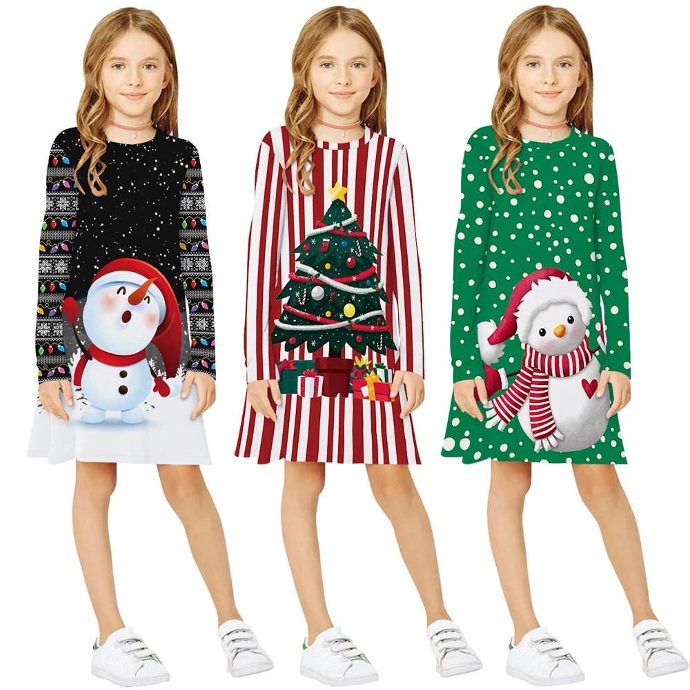 

6-12 Years Festival Party Dress For Girl 2021 New Cartoon Unicorn Snowman Christmas Tree Full Sleeve Knee-length Girls Dress