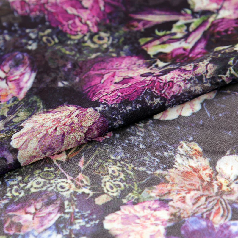 Фиолетовый цветочный принт 100% шелк жоржет Марля шелковая ткань 136 см ширина