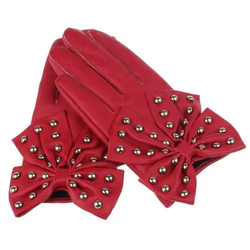 Red with Rivet Мотоциклетные женские заклепки лук сплошной цвет Искусственные кожаные перчатки полный митенки для пальцев - Цвет: Red with Rivet