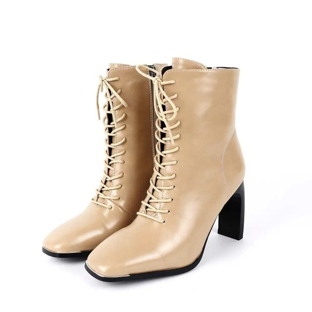 

OLOMLB Womens Ankle Boots Square Toe Lace Up Ankle Boots Strange High Heel Shoes Punk Motorcycle Warm Winter Plus Size 34-43