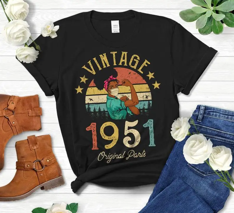 

Vintage 1951 Original Parts T-Shirt African American Women with Mask 70th Birthday Gift Short Sleeve Top Tee Cotton O Neck goth