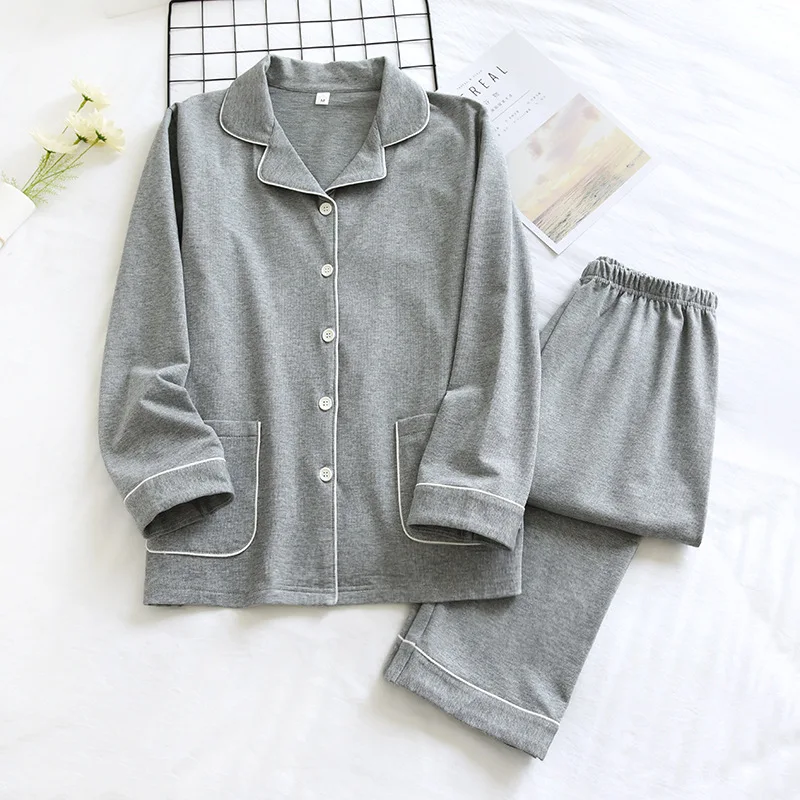 

Cotton Pajama Sets Women Thin Solid Simple Nightgown Leisure Famale Sleepwear Suit Long-Sleeve Pants Cardigan Ladies Pantsuits