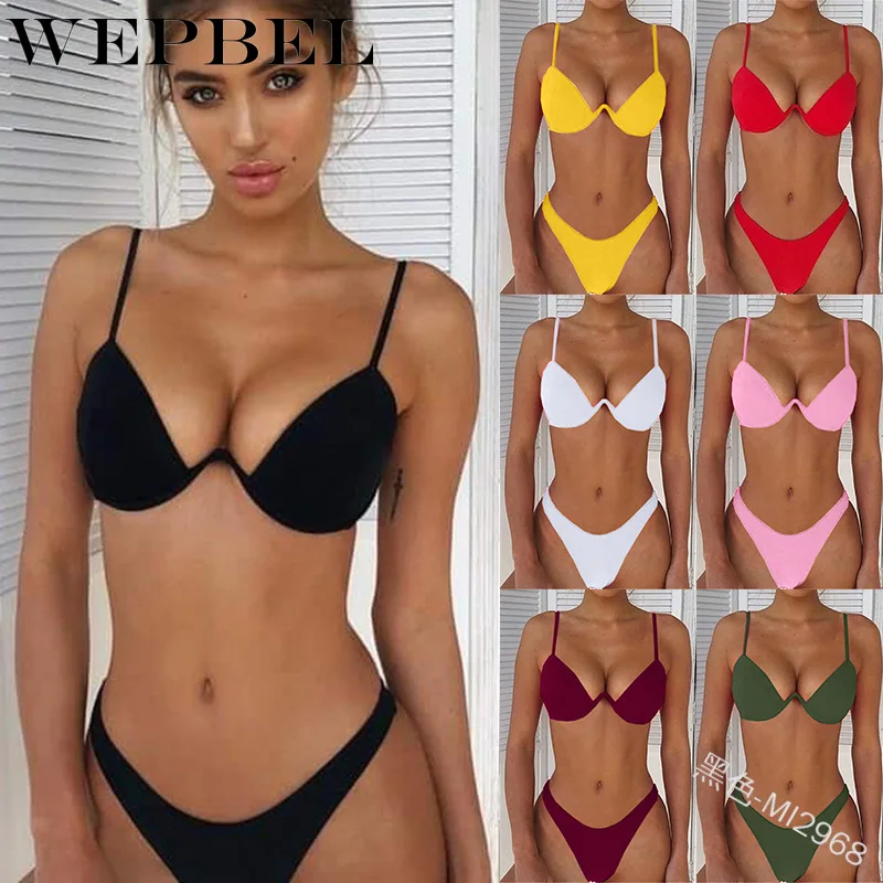 

WEPBEL Swimwear Women Triangle Bikini Set Bandage Push-Up Swimsuit Bathing Beachwear