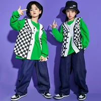 kid kpop hip hop clothing checkered sleeveless jacket top streetwear denim jeans baggy pants for girl boy dance costume clothes