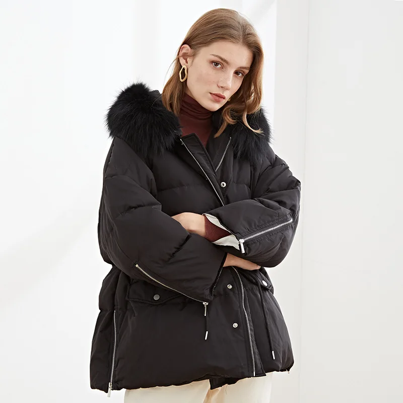 

Down Jacket Women 2020 Autumn and Winter New Real Fox Fur Collar Mid-length Hooded Waist Zipper Warm Thick Coat