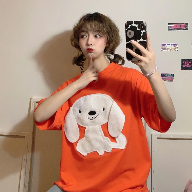 Oversized Short Sleeve Women'S T-Shirt 2021 Summer Dog Embroidery Top Female Fashion Clothes For Girls Camisetas