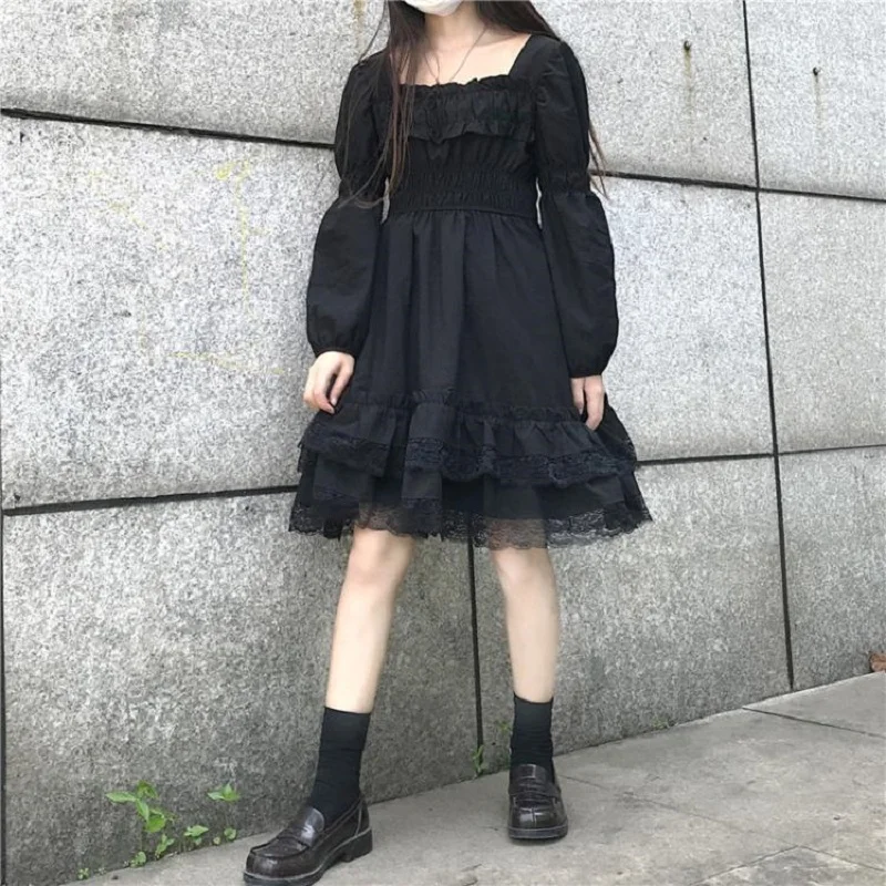 

Japanese Women Victorian Gothic Square Collar Lace Ruffles Black Lolita Dress Autumn Girls Punk Style Long Sleeve Mini Dresses