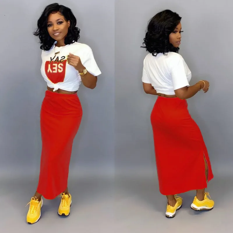 red Лето Осень с буквенным принтом желтый синий сексуальный комплект из двух предметов Клубное платье короткий рукав укороченный топ облегающая юбка миди костюмы наряды - Цвет: red