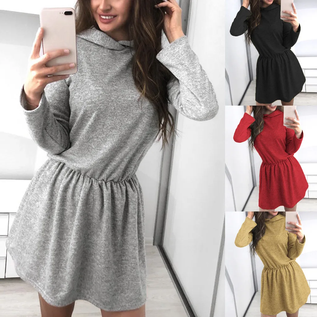 Женский свитер с капюшоном мини платье длинный пуловер джемпер облегающие
