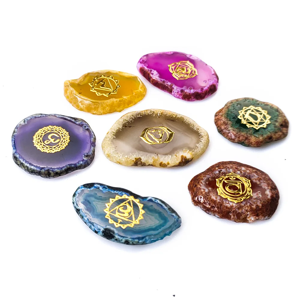 

7pcs/lot Natural Agate Chakra Energy Meditation Runes Symbol Stone Crystal Quartzs Healing Reiki Yoga Divination Gift Decor