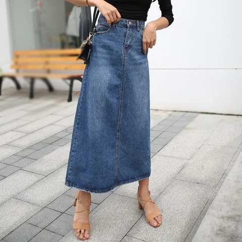 Длинная повседневная женская джинсовая юбка А-силуэта, с высокой талией, осень джинсовая юбка лето, размера плюс