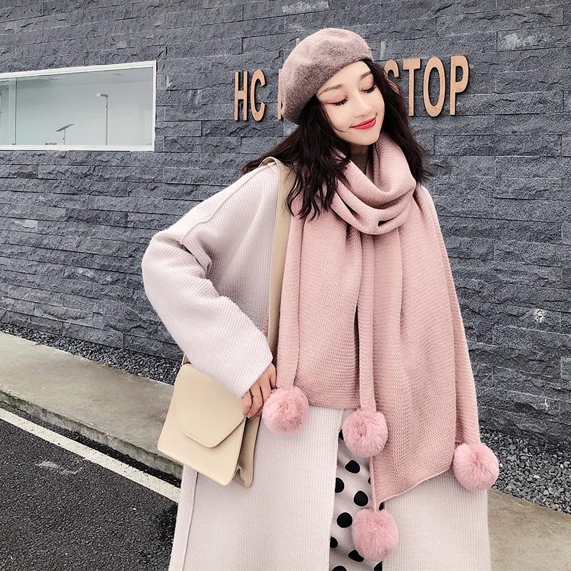 

Scarf Winter Sciarpa donna scialle Knitted wool Scarf Women Scarves Solid Long Shawl With Fur Ball Wrap Blanket Warm Tippet