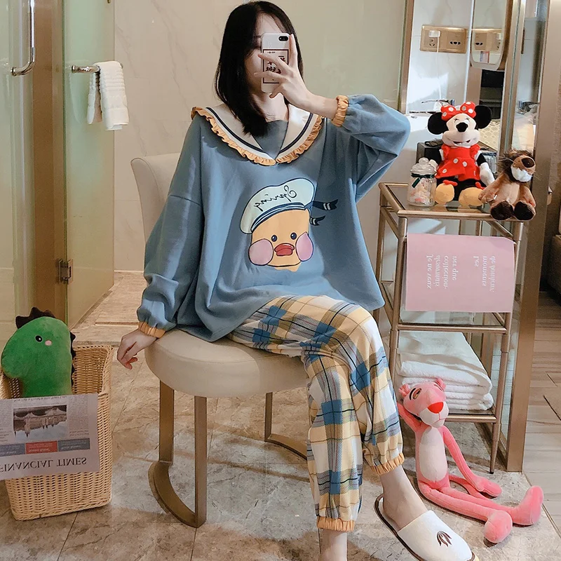 

Spring and Autumn Pajamas Women Long Sleeve Loose Lattice Duckling Pure Cotton Two-Piece Suit Korean-style Summer Winter Home